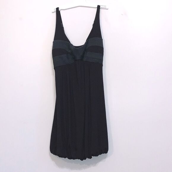 BEBE | Women’s Black Silk Sleeveless Shirred Hemline Cocktail Mini Dress - Picture 1 of 11